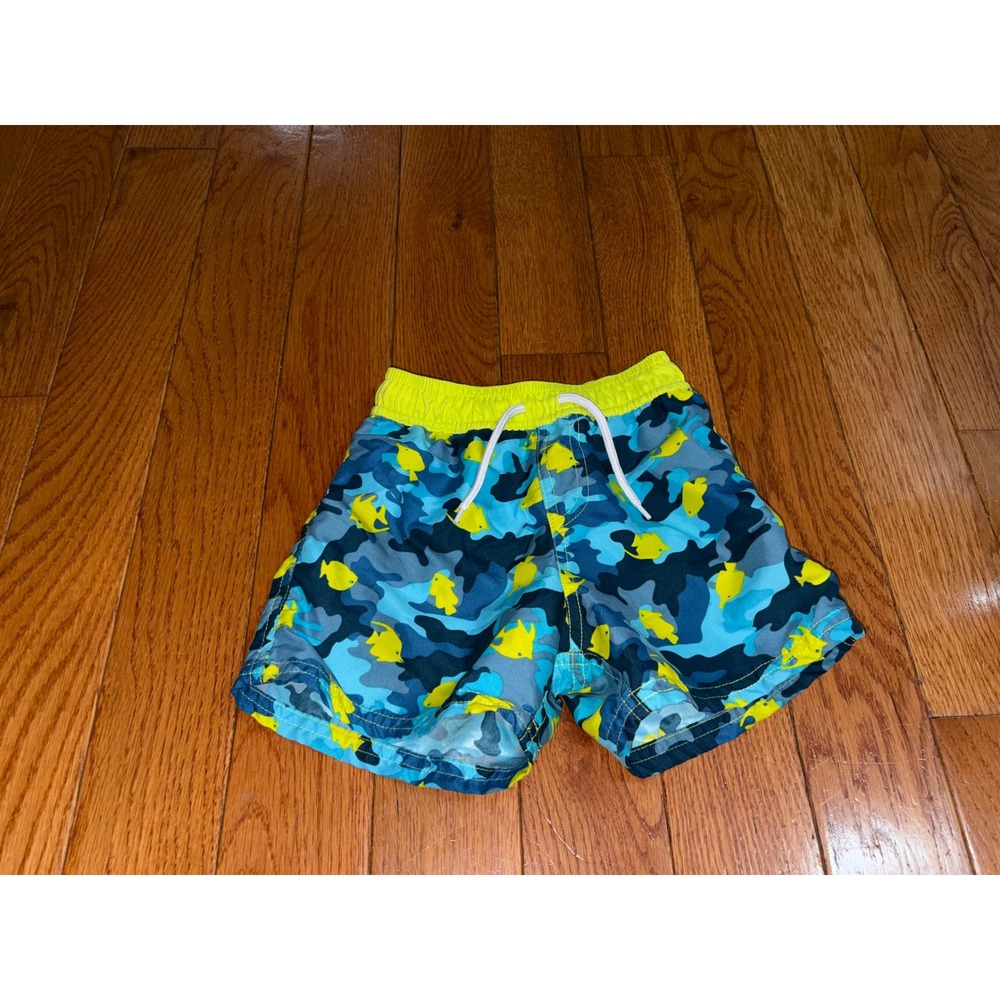 Floatimini Boys Blue Camo Yellow Fish Swim Trunks Mesh Lined Size 4T
